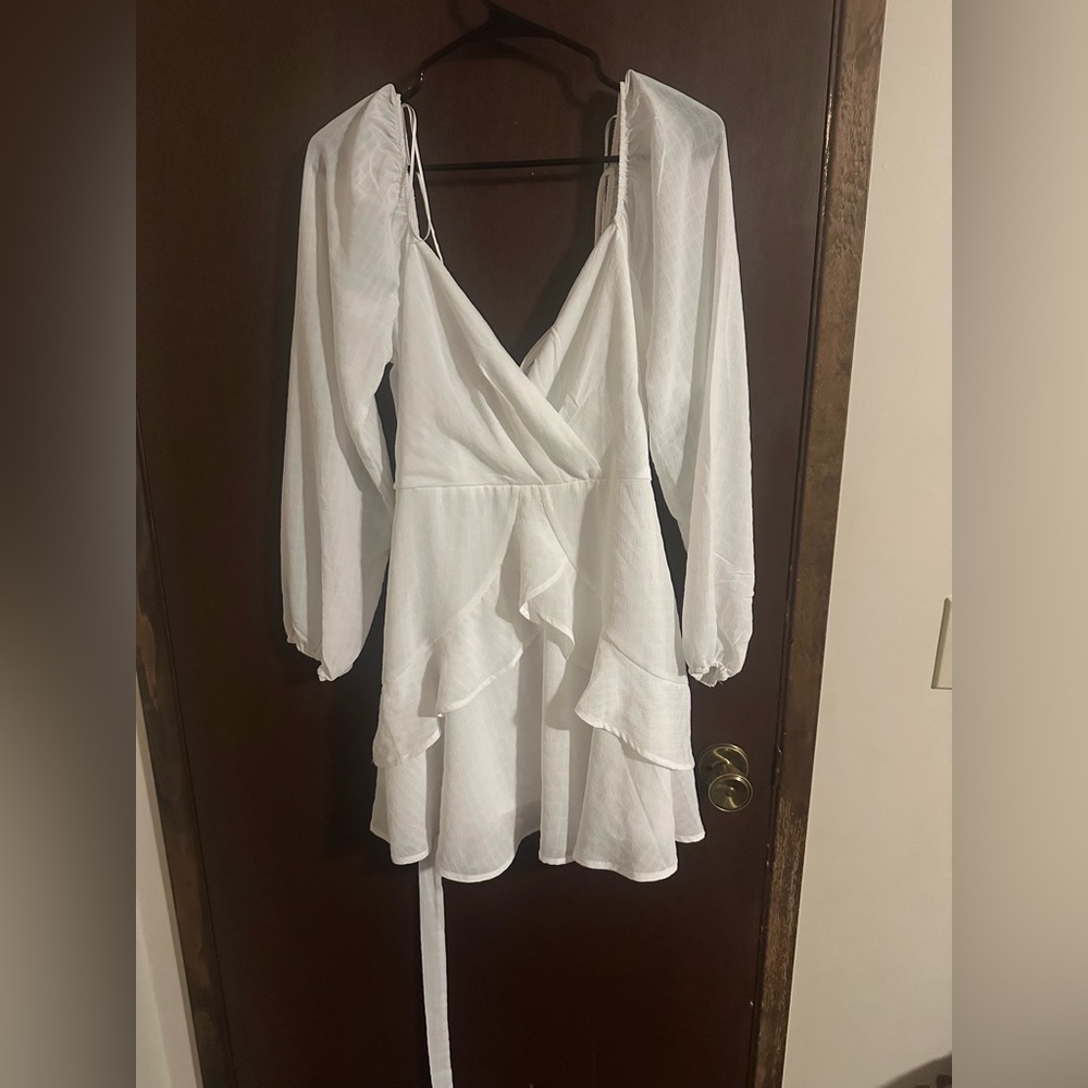medium white ruffle wrap mini dress